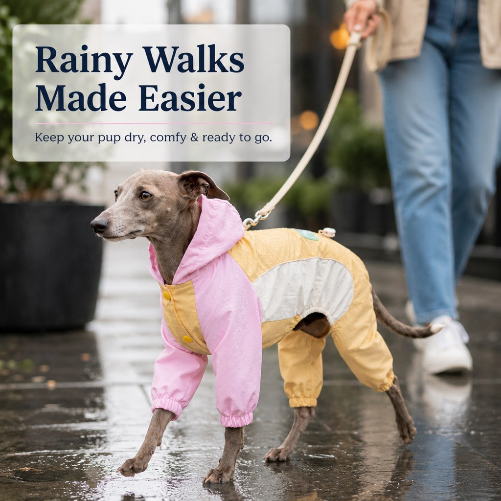Dog rain suit designed for small dogs featuring full-body coverage, waterproof material, and convenient leash access, ideal for rainy walks. 2