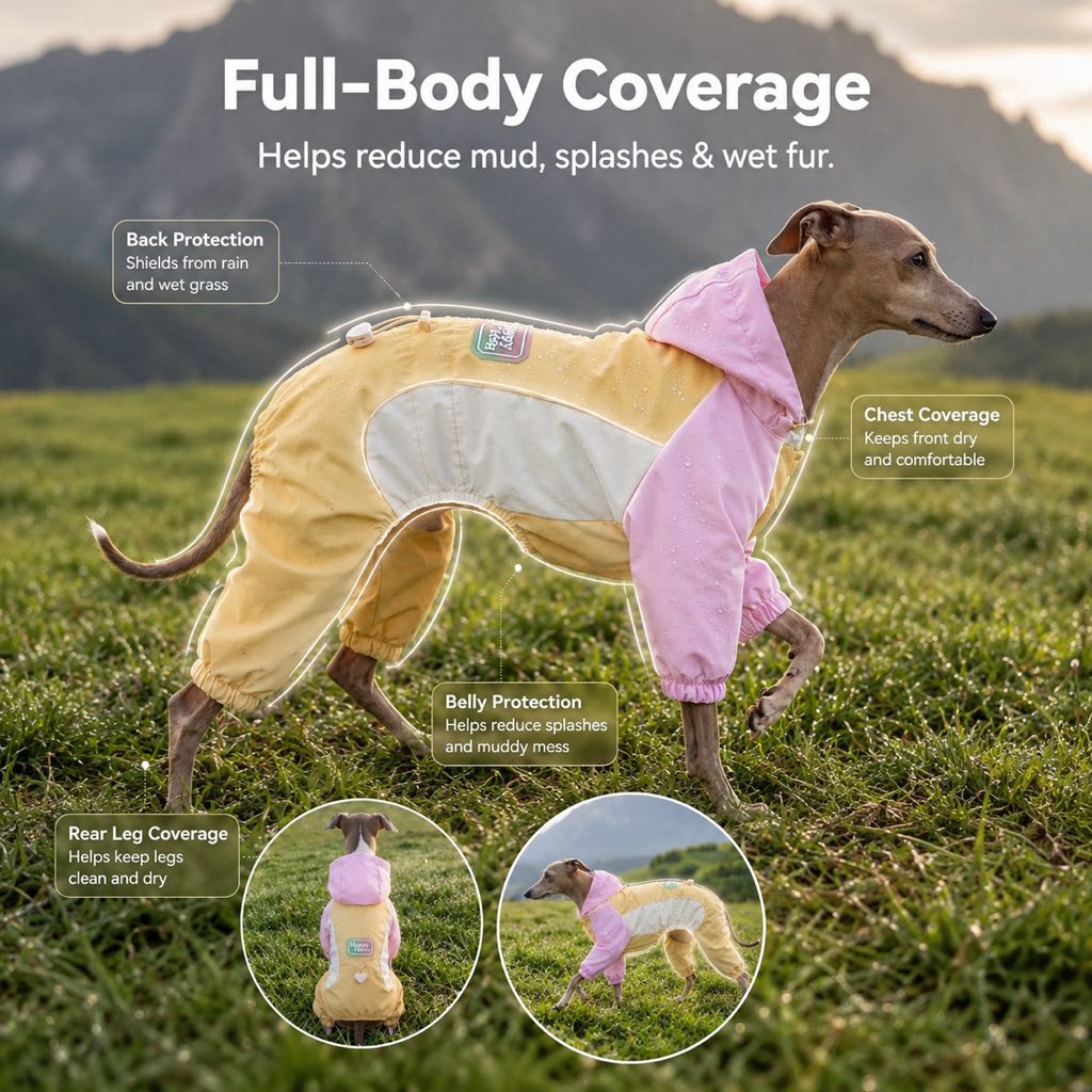 Dog rain suit designed for small dogs featuring full-body coverage, waterproof material, and convenient leash access, ideal for rainy walks. 3