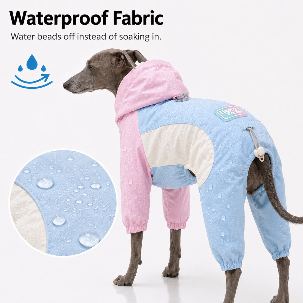 Dog rain suit designed for small dogs featuring full-body coverage, waterproof material, and convenient leash access, ideal for rainy walks. 5
