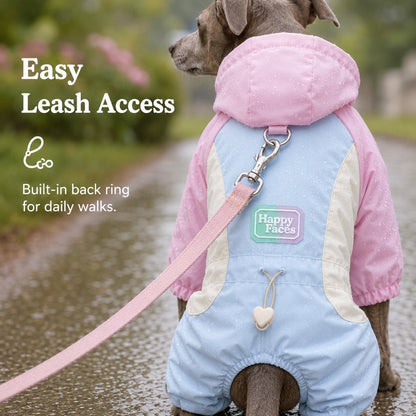 Dog rain suit designed for small dogs featuring full-body coverage, waterproof material, and convenient leash access, ideal for rainy walks. 6