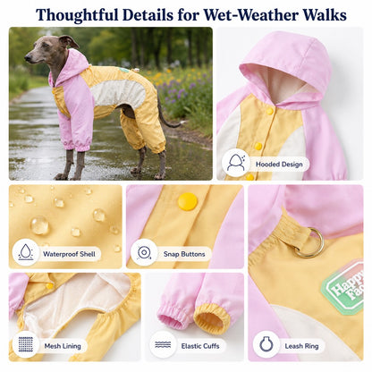 Dog rain suit designed for small dogs featuring full-body coverage, waterproof material, and convenient leash access, ideal for rainy walks. 7