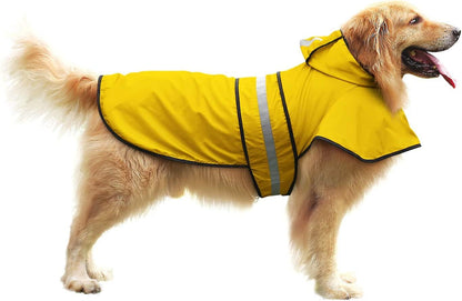 Dog raincoat with hood, 100% waterproof design, adjustable fit for all sizes, and lightweight outdoor rain gear for dogs. 1