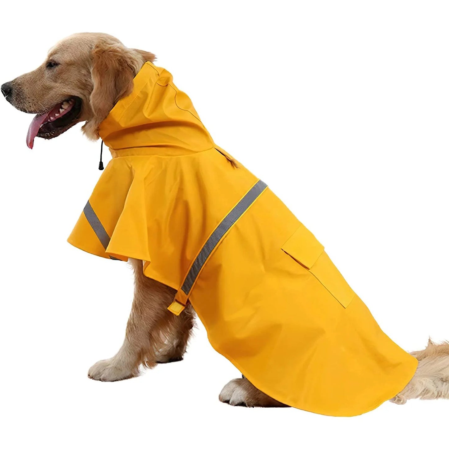 Waterproof dog raincoat with hood and reflective strips, designed for all weather protection, featuring a stylish and functional fit for your pet. 0