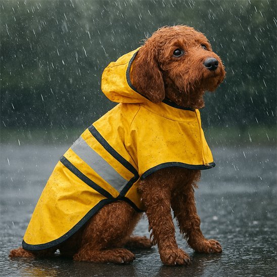 Dog raincoat featuring a reflective hood and adjustable fit, designed for all sizes, made from waterproof material to keep pets dry during rainy weather. 0