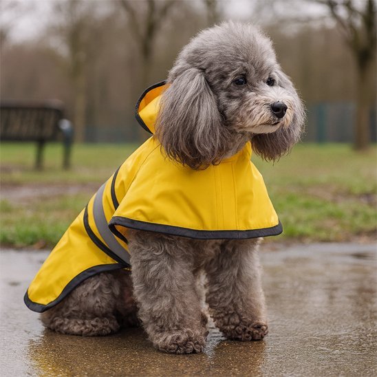 Dog raincoat featuring a reflective hood and adjustable fit, designed for all sizes, made from waterproof material to keep pets dry during rainy weather. 1