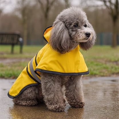 Dog raincoat featuring a reflective hood and adjustable fit, designed for all sizes, made from waterproof material to keep pets dry during rainy weather. 1