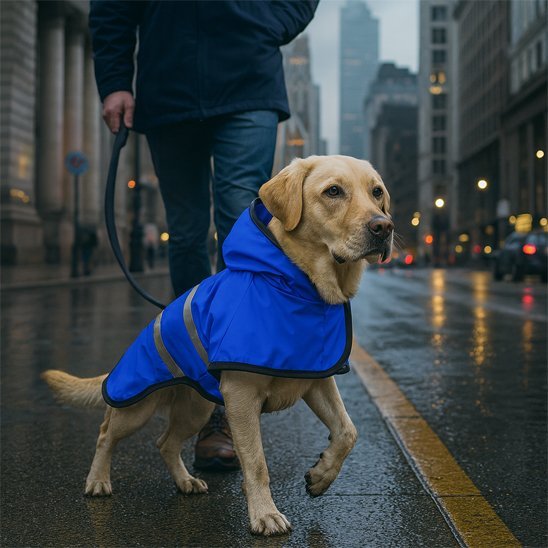 Dog raincoat featuring a reflective hood and adjustable fit, designed for all sizes, made from waterproof material to keep pets dry during rainy weather. 2