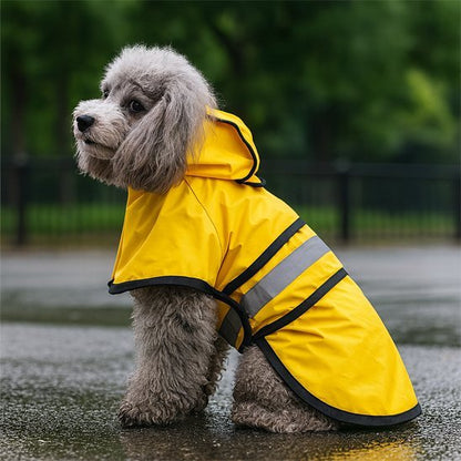 Dog raincoat featuring a reflective hood and adjustable fit, designed for all sizes, made from waterproof material to keep pets dry during rainy weather. 3