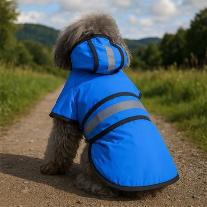Dog raincoat featuring a reflective hood and adjustable fit, designed for all sizes, made from waterproof material to keep pets dry during rainy weather. 4