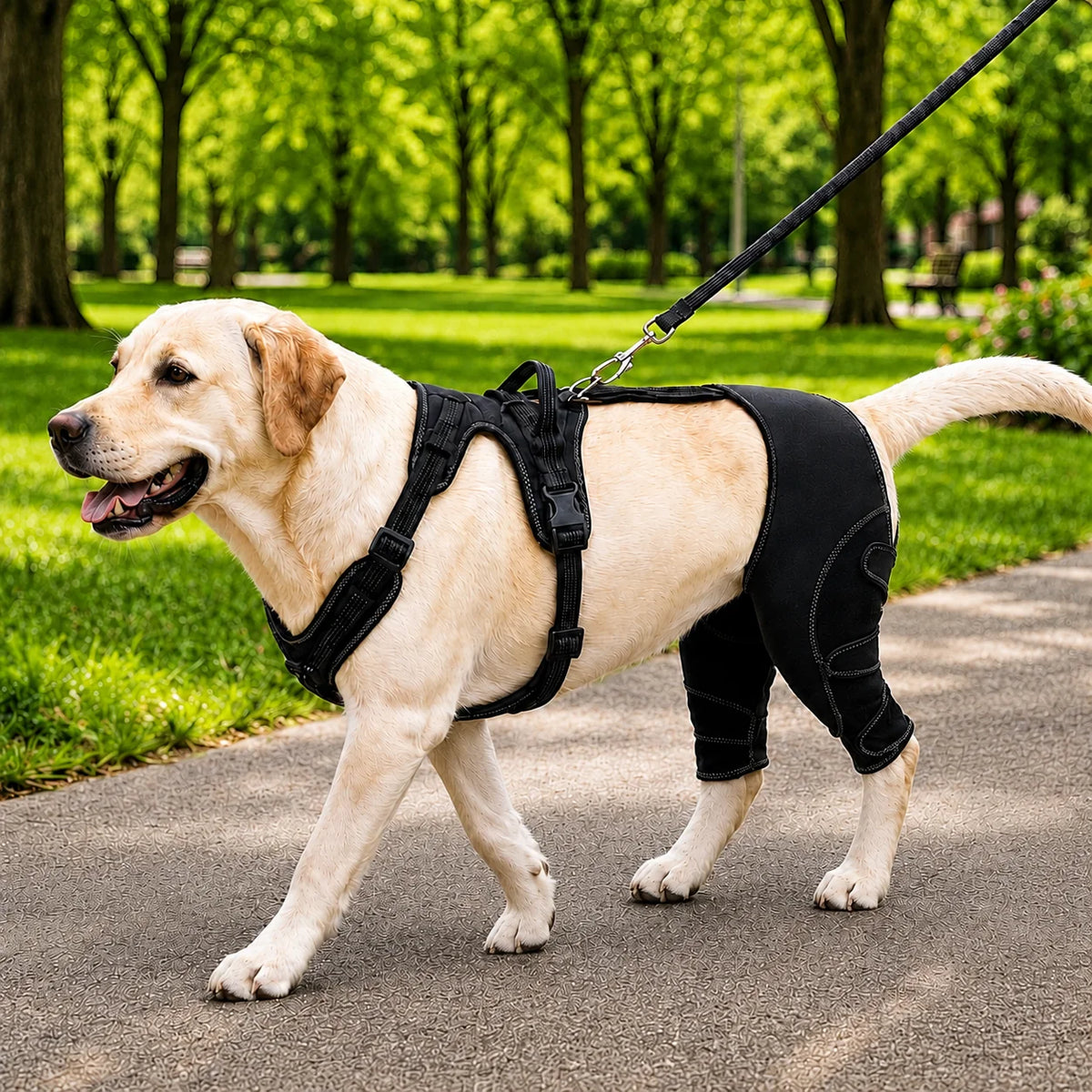 Dog rear leg brace with adjustable support harness designed for weak hind legs, featuring soft padded fabric for enhanced mobility and comfort. 0