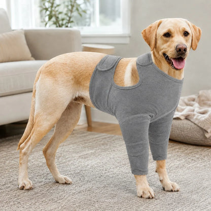 Dog recovery suit for front legs in black and gray, featuring an adjustable fit and soft barrier design to deter licking and promote healing. 0