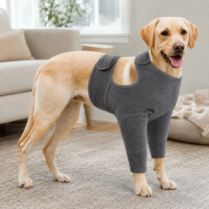 Dog recovery suit for front legs in black and gray, featuring an adjustable fit and soft barrier design to deter licking and promote healing. 9