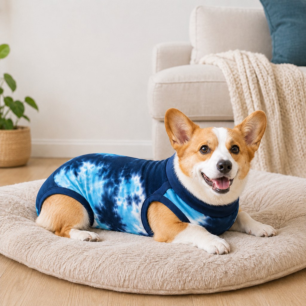 Dog recovery suit for post-surgery comfort, featuring a soft cotton blend anti-lick onesie with a potty-friendly design, perfect for keeping pets comfortable 0