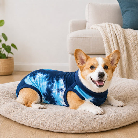 Dog recovery suit for post-surgery comfort, featuring a soft cotton blend anti-lick onesie with a potty-friendly design, perfect for keeping pets comfortable 0