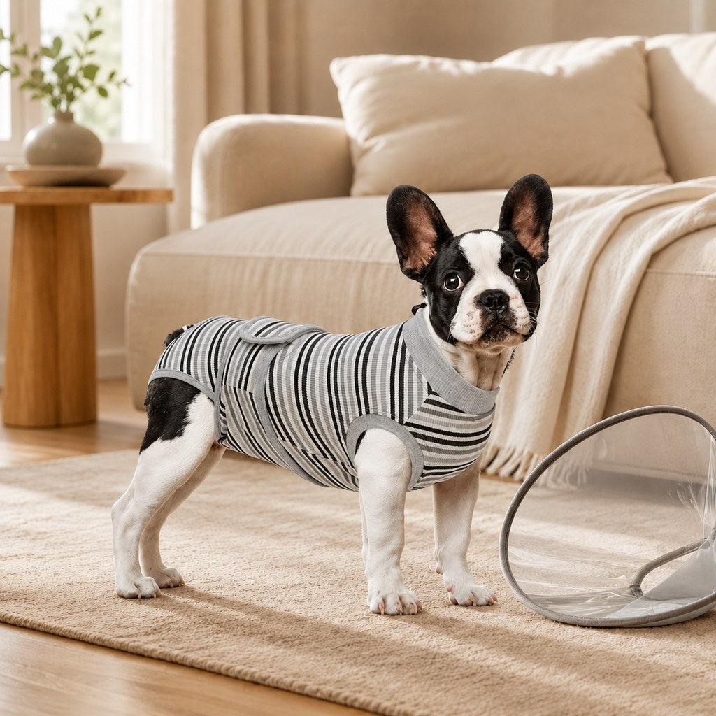 Dog recovery suit designed for post-surgery comfort, featuring belly coverage, made from soft breathable fabric, machine washable, and available in multiple sizes. 0