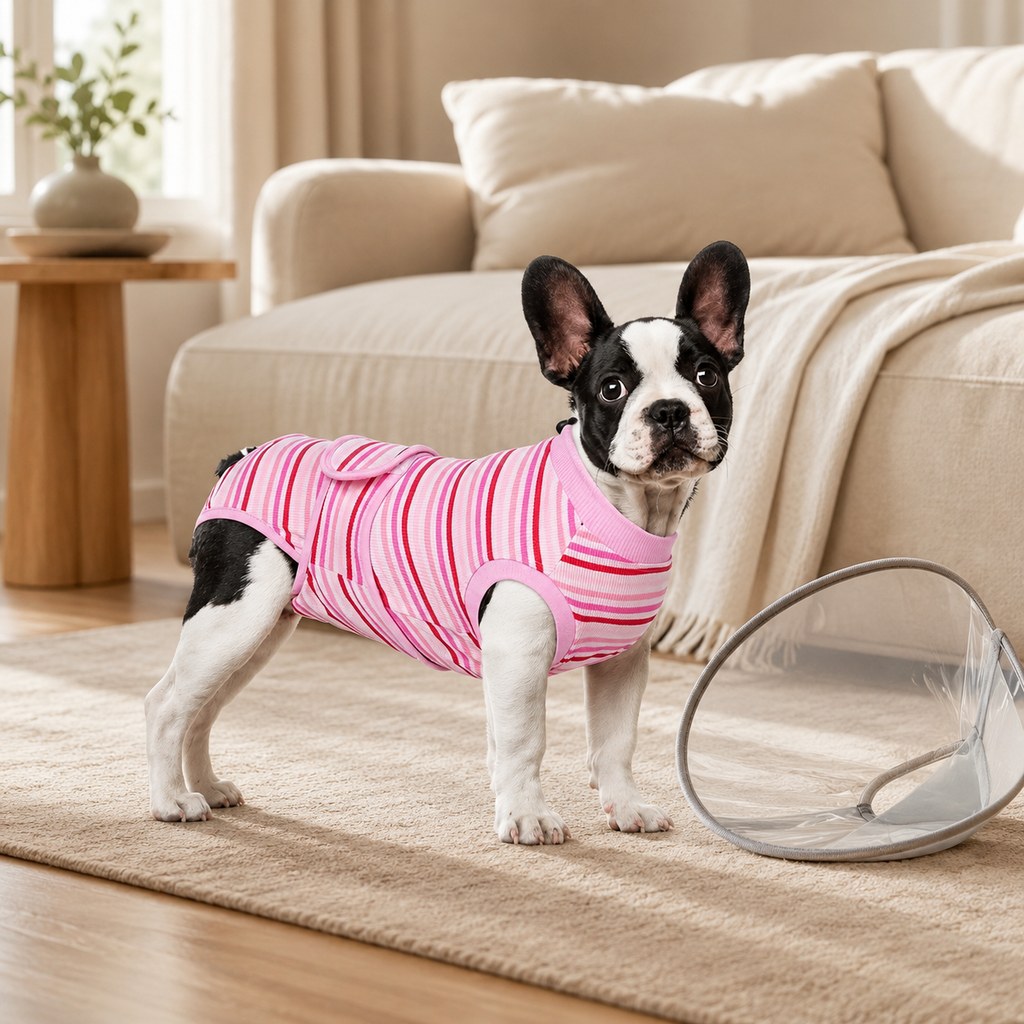 Dog recovery suit designed for post-surgery comfort, featuring belly coverage, made from soft breathable fabric, machine washable, and available in multiple sizes. 1