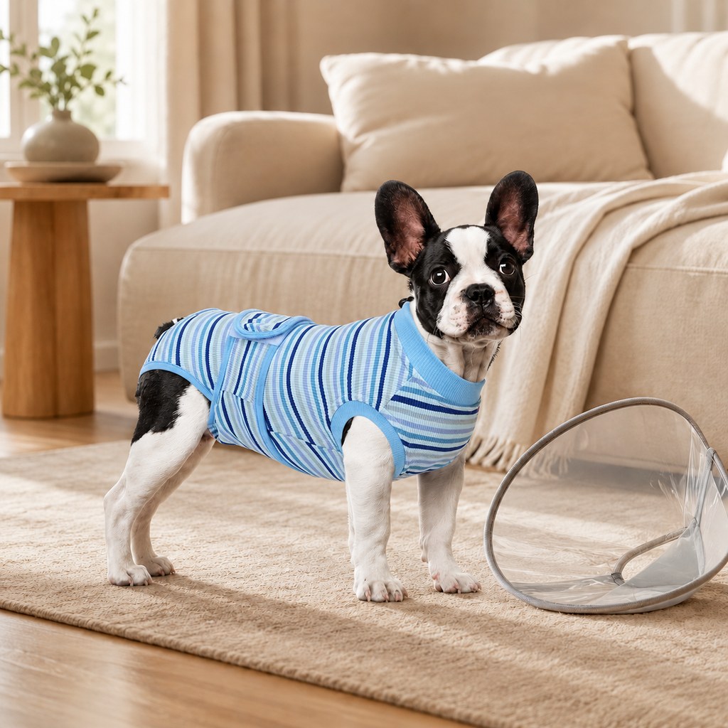 Dog recovery suit designed for post-surgery comfort, featuring belly coverage, made from soft breathable fabric, machine washable, and available in multiple sizes. 10