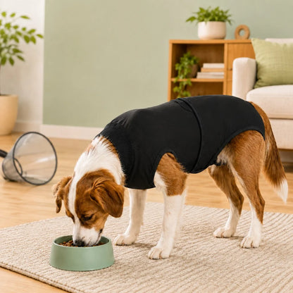 Dog recovery suit for post-surgery, featuring an adjustable fit, made from soft and washable fabric, designed to keep dogs comfortable and protected during healing. 0