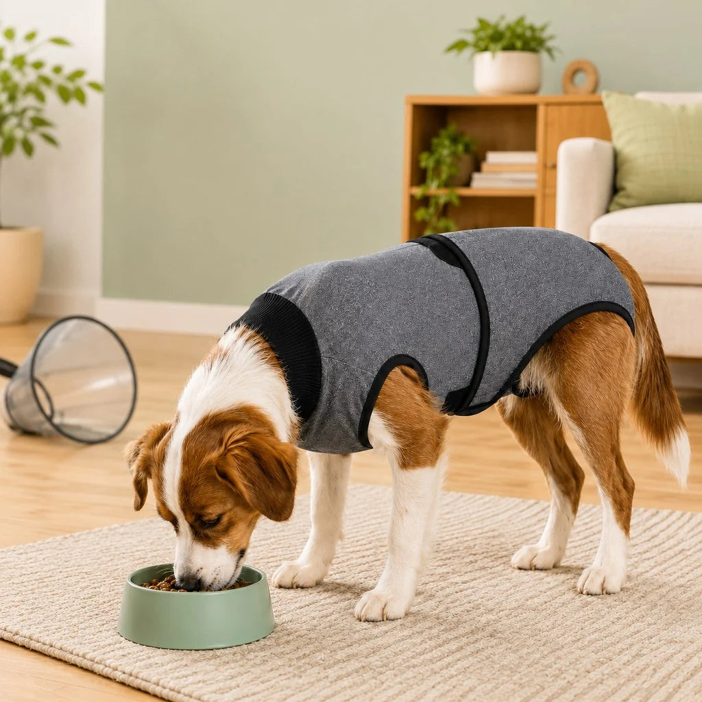 Dog recovery suit for post-surgery, featuring an adjustable fit, made from soft and washable fabric, designed to keep dogs comfortable and protected during healing. 1