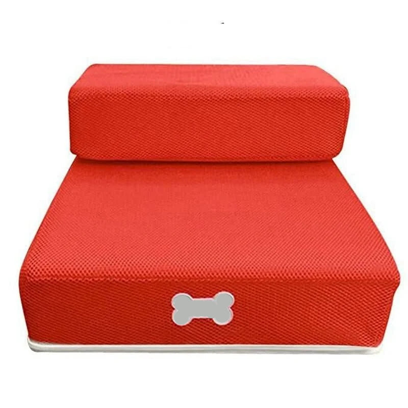 Two-step foam dog stairs for bed in various colors including grey, red, blue, beige, and black; features anti-slip cover, is washable and 0