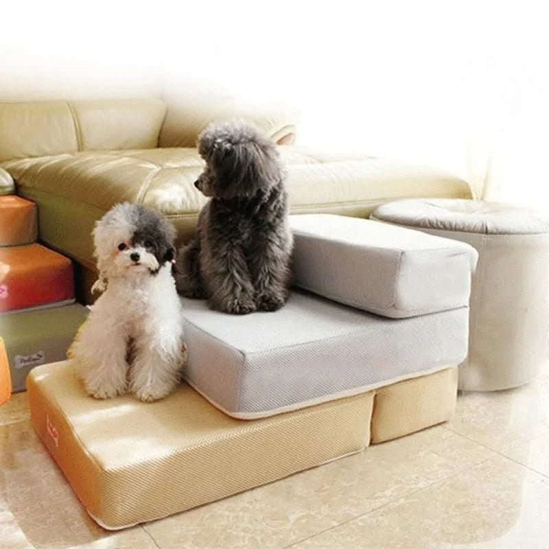 Two-step foam dog stairs for bed in various colors including grey, red, blue, beige, and black; features anti-slip cover, is washable and 1