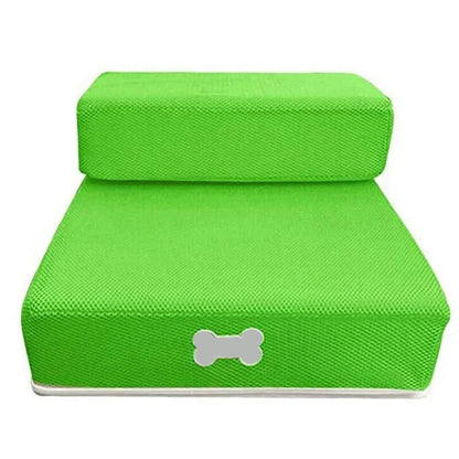 Two-step foam dog stairs for bed in various colors including grey, red, blue, beige, and black; features anti-slip cover, is washable and 10
