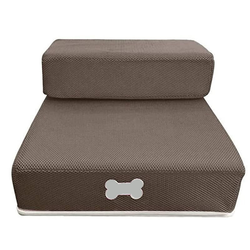 Two-step foam dog stairs for bed in various colors including grey, red, blue, beige, and black; features anti-slip cover, is washable and 4