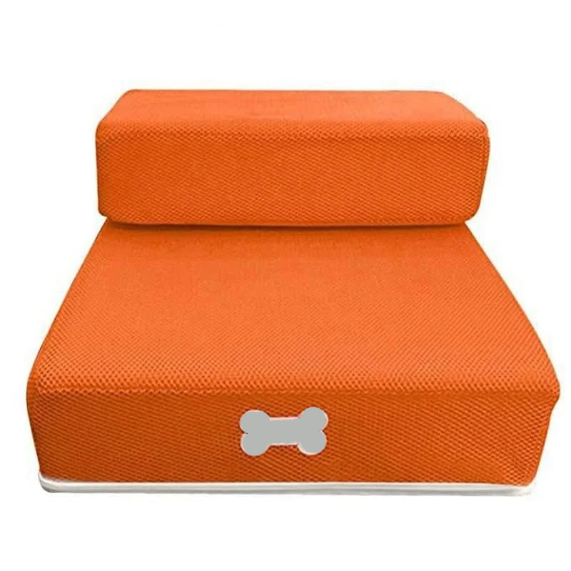 Two-step foam dog stairs for bed in various colors including grey, red, blue, beige, and black; features anti-slip cover, is washable and 6