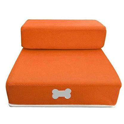 Two-step foam dog stairs for bed in various colors including grey, red, blue, beige, and black; features anti-slip cover, is washable and 6