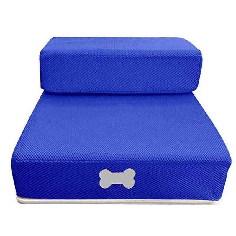 Two-step foam dog stairs for bed in various colors including grey, red, blue, beige, and black; features anti-slip cover, is washable and 8