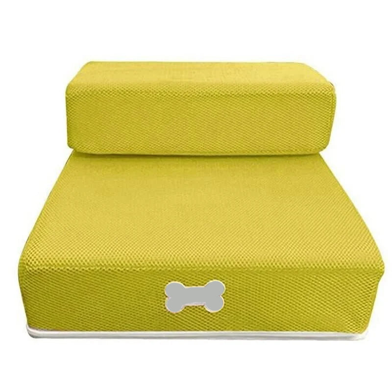 Two-step foam dog stairs for bed in various colors including grey, red, blue, beige, and black; features anti-slip cover, is washable and 9