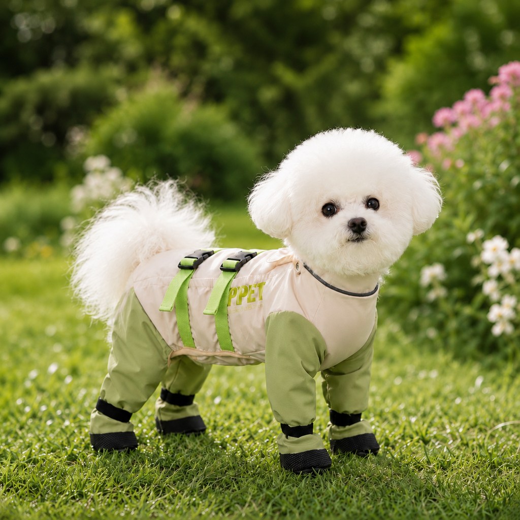 Dog suit featuring full-leg coverage and water-resistant fabric, ideal for outdoor protection, in a stylish beige and light green color combination. 1