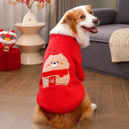 Dog sweatshirt for cold weather featuring a soft red fabric and easy pullover design, available in sizes XS-5XL, with festive lion dance and bear 0