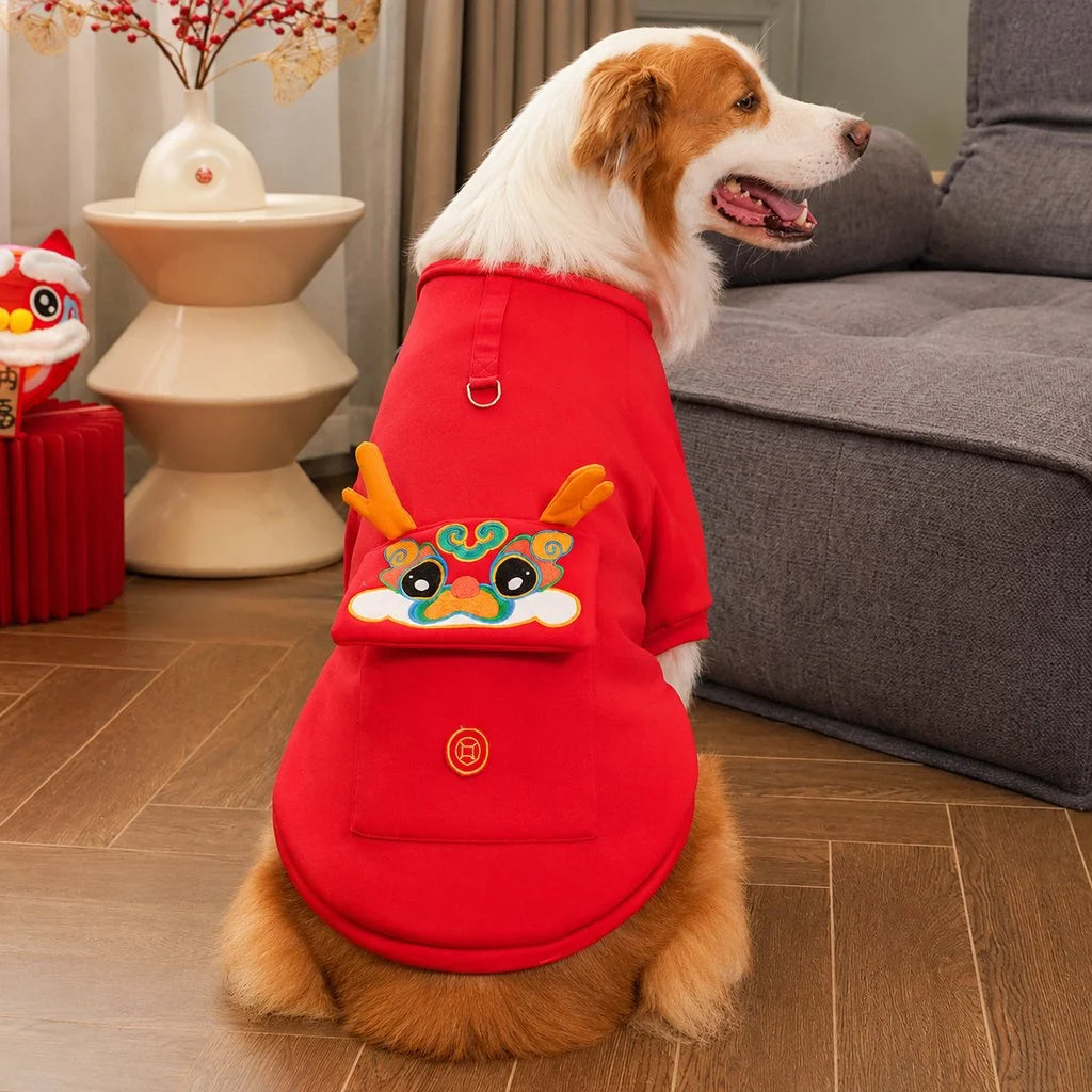 Dog sweatshirt for cold weather featuring a soft red fabric and easy pullover design, available in sizes XS-5XL, with festive lion dance and bear 1