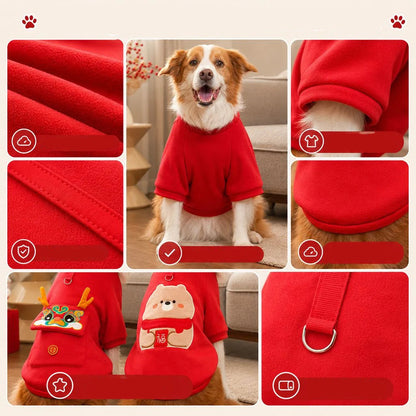 Dog sweatshirt for cold weather featuring a soft red fabric and easy pullover design, available in sizes XS-5XL, with festive lion dance and bear 7