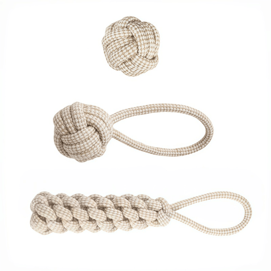Dog Toy Rope Knot Set featuring three durable chew toys designed for aggressive chewers, perfect for interactive play and suitable for dogs of all sizes. 0