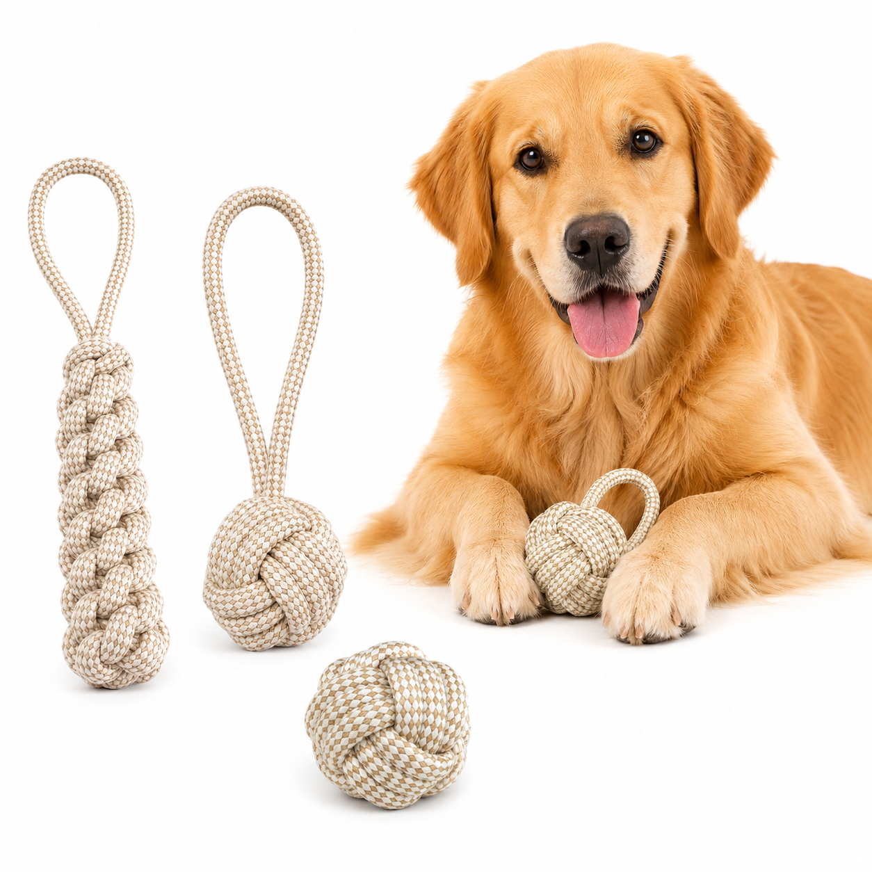 Dog Toy Rope Knot Set featuring three durable chew toys designed for aggressive chewers, perfect for interactive play and suitable for dogs of all sizes. 1