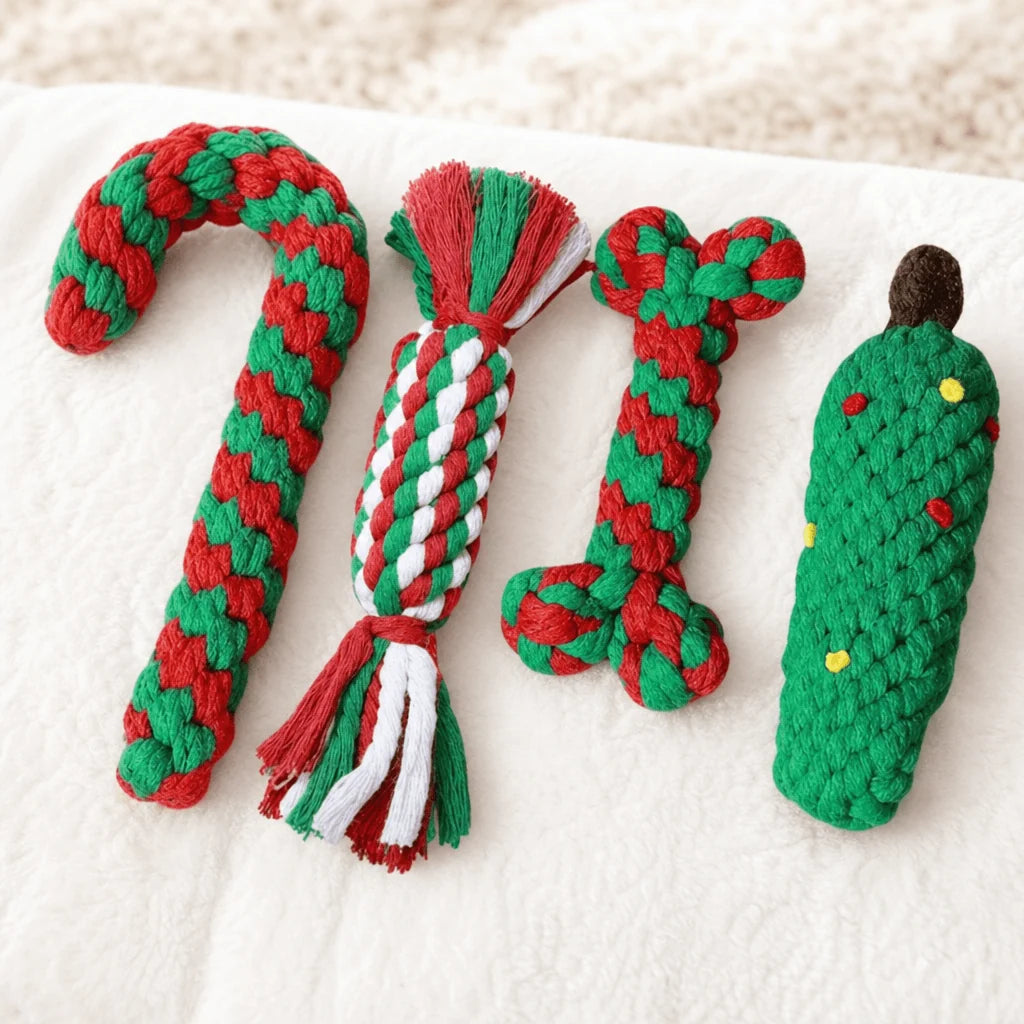 Dog Toy Rope Set featuring a festive linen design, perfect for interactive tugging and chewing fun, ideal for small and medium dogs. 0