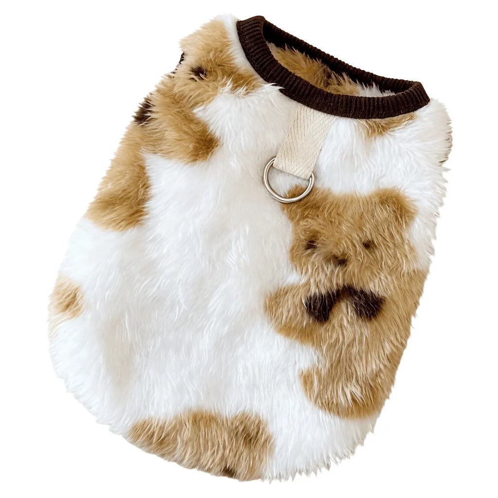 Cozy fleece dog vest harness featuring a cute bear pattern, designed for both dogs and cats, with a sleeveless design for comfort and ease of movement 3
