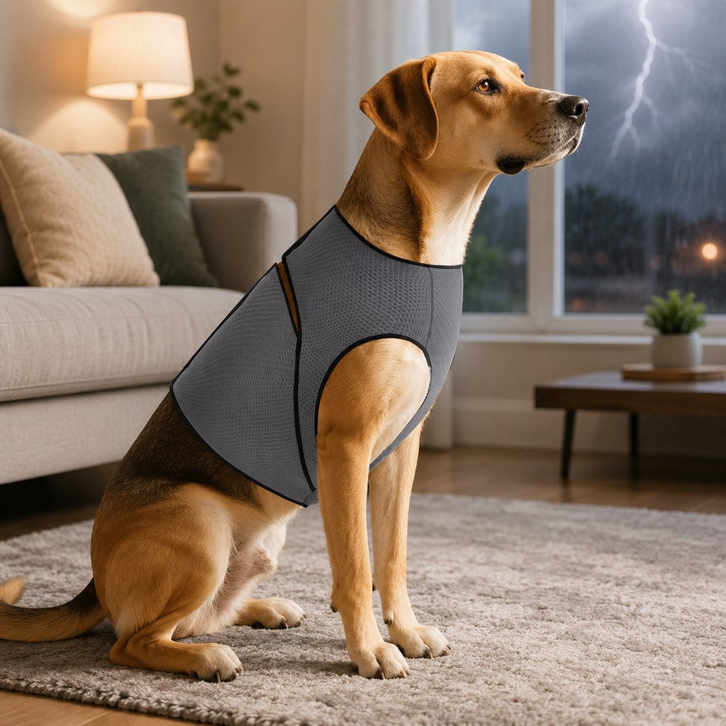 Dog vest designed for anxiety relief, featuring an adjustable thunder jacket and breathable mesh fabric, providing a comfortable fit for small to large dogs. 0