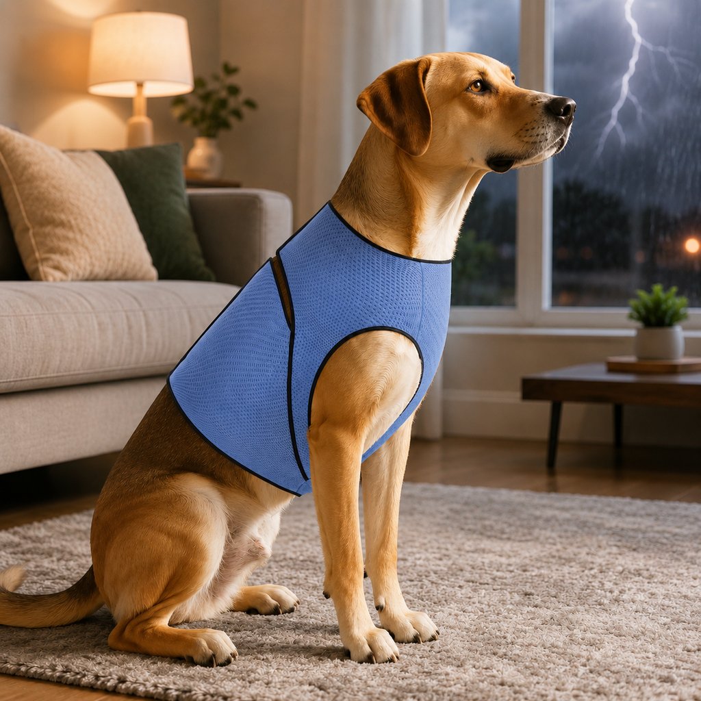 Dog vest designed for anxiety relief, featuring an adjustable thunder jacket and breathable mesh fabric, providing a comfortable fit for small to large dogs. 9