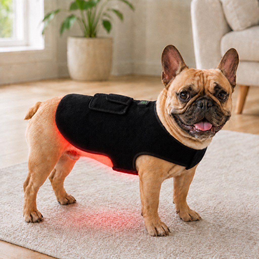 Dog vest designed for French Bulldogs featuring red light therapy, adjustable comfort fit, made of durable black neoprene. 0
