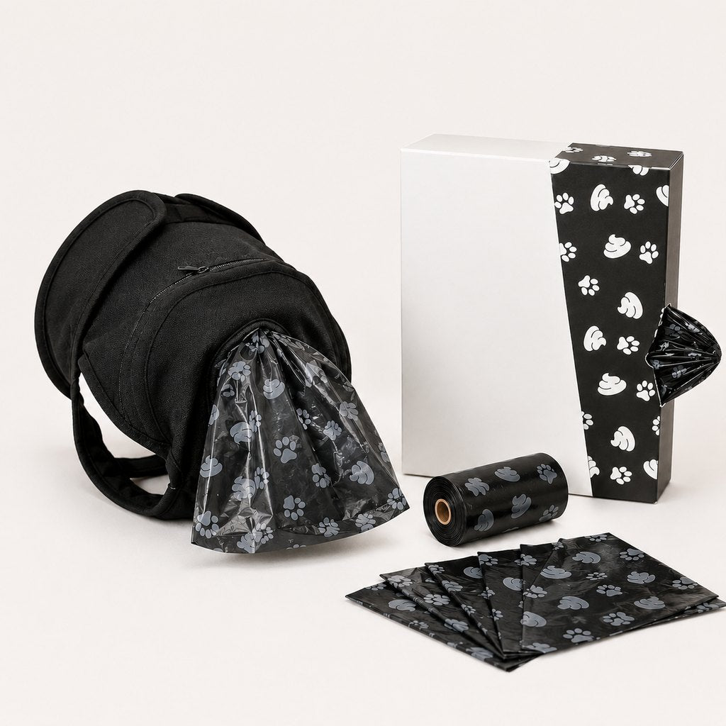 Dog waste catcher pants in black polyester, featuring 50 disposable bags for convenient cleanup during walks, designed for pet owners seeking an eco-friendly and practical solution 0