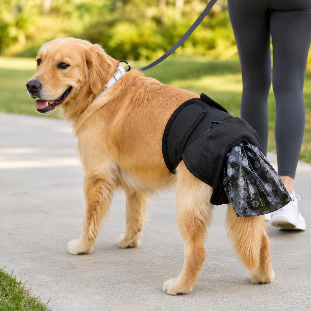 Dog waste catcher pants in black polyester, featuring 50 disposable bags for convenient cleanup during walks, designed for pet owners seeking an eco-friendly and practical solution 1