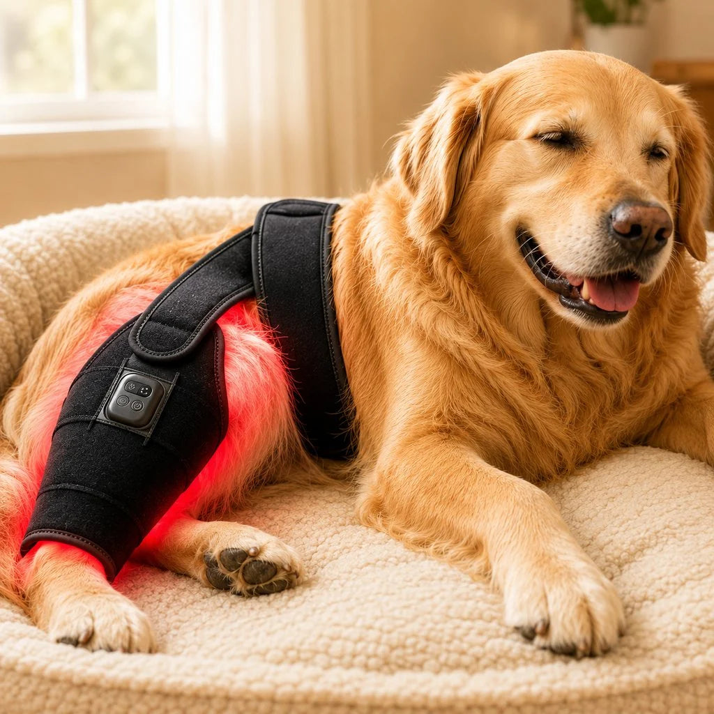 Dog wrap featuring an adjustable fit for ultimate comfort, designed for both senior and active dogs, equipped with dual-wavelength red light therapy to promote healing and 0