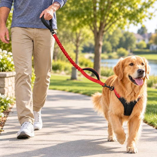 Dual handle dog leash featuring a shock-absorbing bungee and soft grip, made from durable nylon, perfect for city walks and hiking adventures. 0