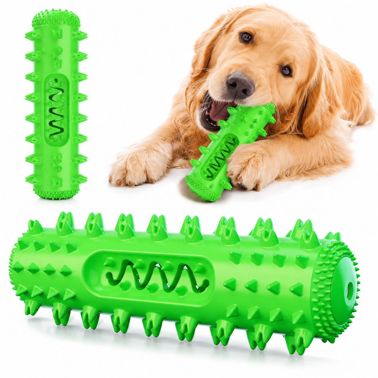 Durable rubber dog chew toy designed with a textured toothbrush shape, ideal for aggressive chewers and puppies, promoting dental health. 1