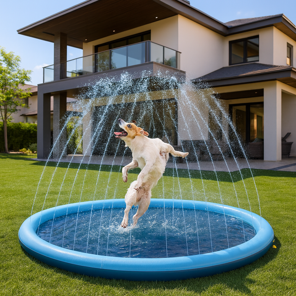 Durable Dog Splash Pad with Built-in Sprinklers – Foldable Outdoor Doggy Splash Pad for Summer Water Fun 0
