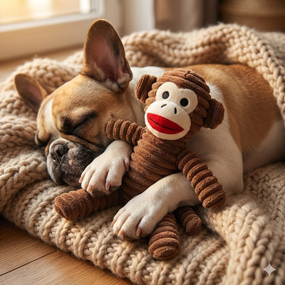 Durable plush dog toy featuring a brown monkey design with a built-in squeaker, perfect for interactive play and engaging your pet. 0