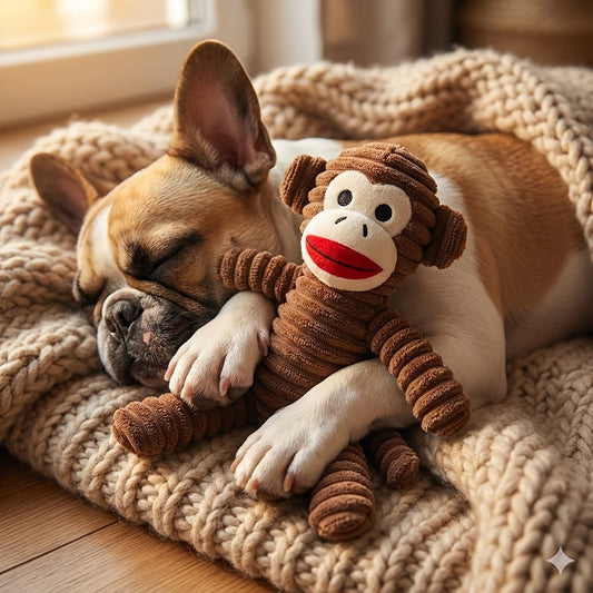 Durable plush dog toy featuring a brown monkey design with a built-in squeaker, perfect for interactive play and engaging your pet. 0